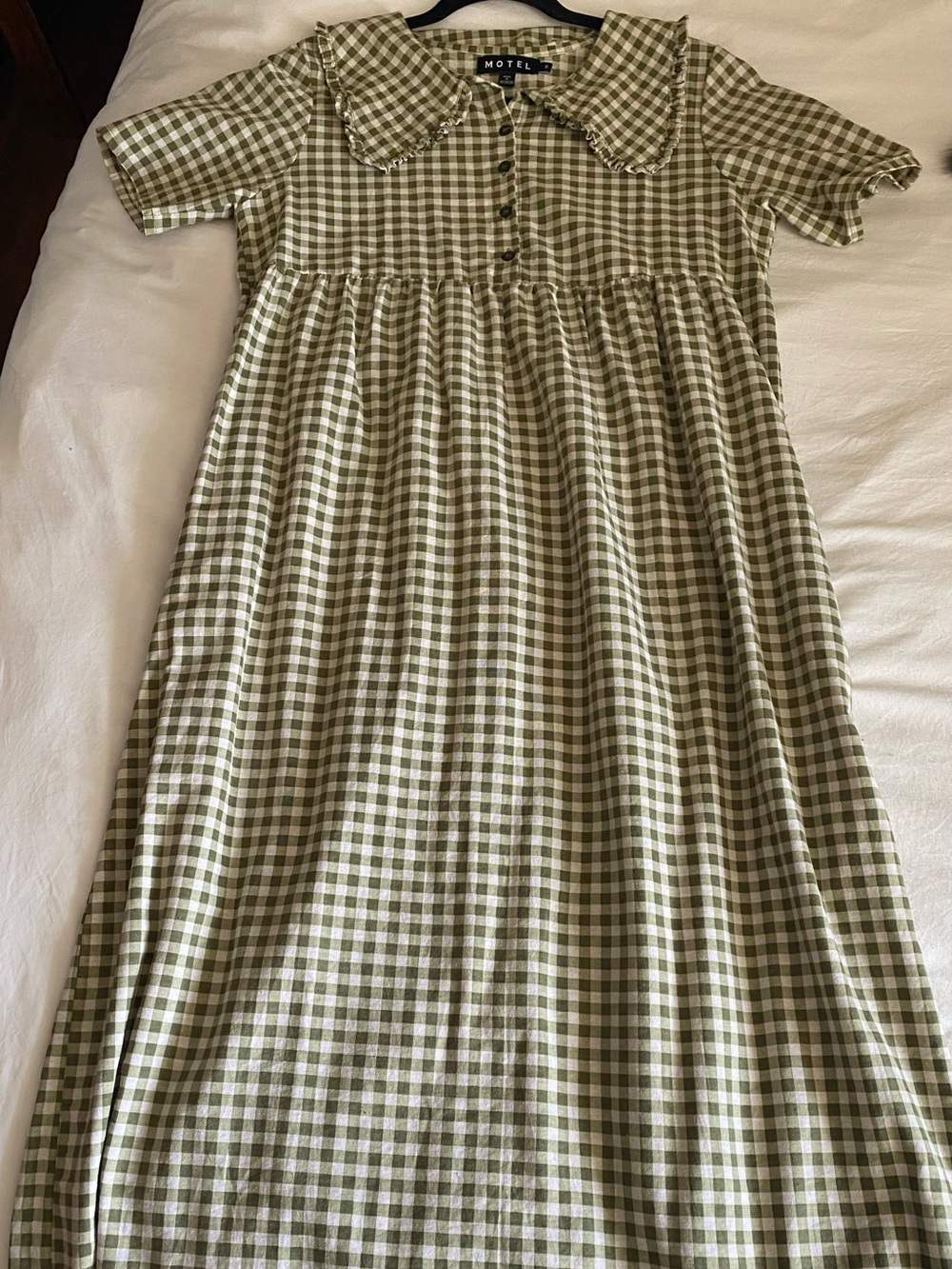 Motel olive gingham midi dress with Peter Pan collar size small